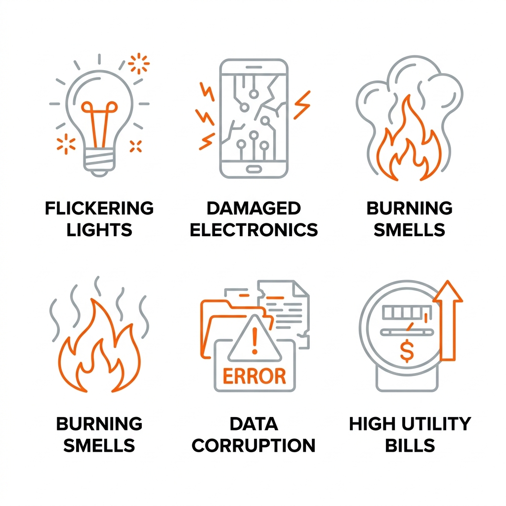 Square grid of 5 outline icons showing signs needing surge protection: flickering lights, damaged electronics, burning smells, data corruption, high utility bills