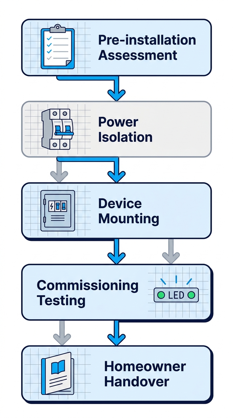 Vertical process flow diagram of five key stages in whole home surge protection installation by Altadena Pro Electrician