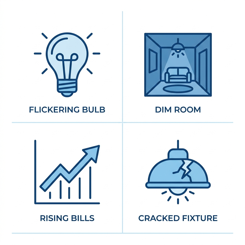 2x2 grid of outline icons in blue tones: flickering bulb, dim room, rising energy bill graph, cracked fixture with short labels indicating signs for lighting installation.