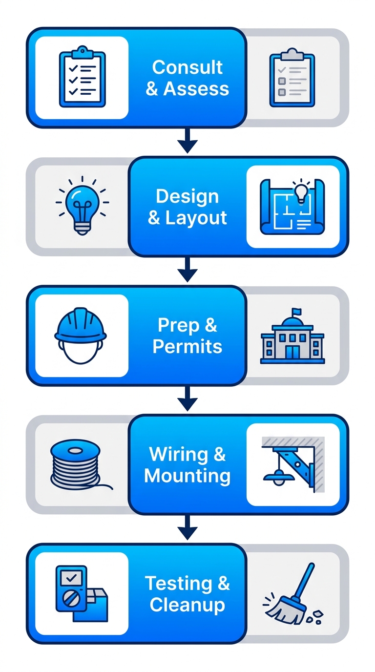 Vertical process flow diagram of five stages for professional lighting installation by Altadena electricians
