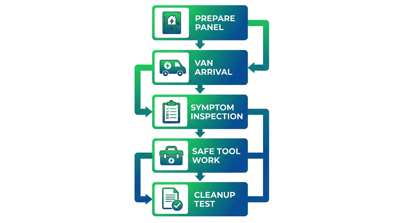 Vertical process flow diagram of five stages in Altadena electrician service arrival: prepare access, van arrival, inspection, safe work, cleanup and testing.