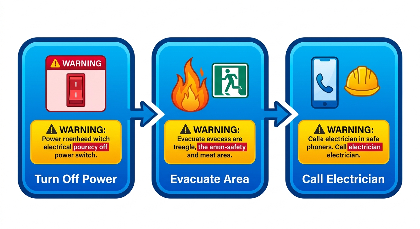 Horizontal process flow diagram of three safety steps for electrical emergencies: turn off power, evacuate, call electrician.