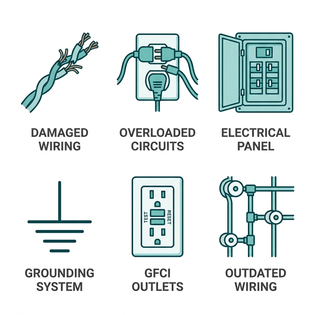 2x3 grid of teal outline icons illustrating Altadena electrical inspection checks: damaged wiring, overloaded circuits, electrical panel, grounding system, GFCI outlets, outdated wiring with short labels.