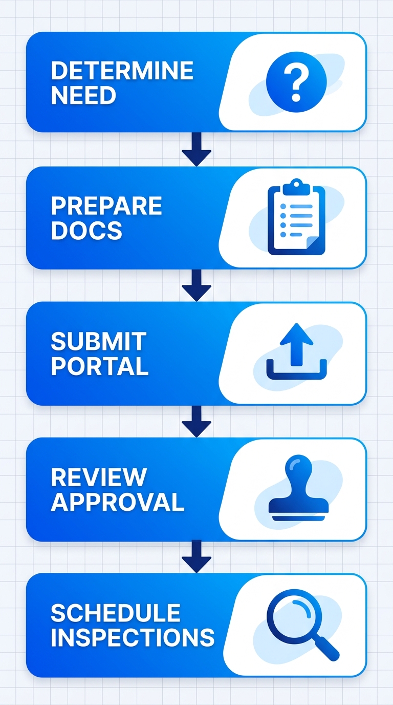 Vertical process flow diagram of five stages for electrical permit process in Altadena: determine need, prepare documents, submit portal, review approval, schedule inspections with icons.