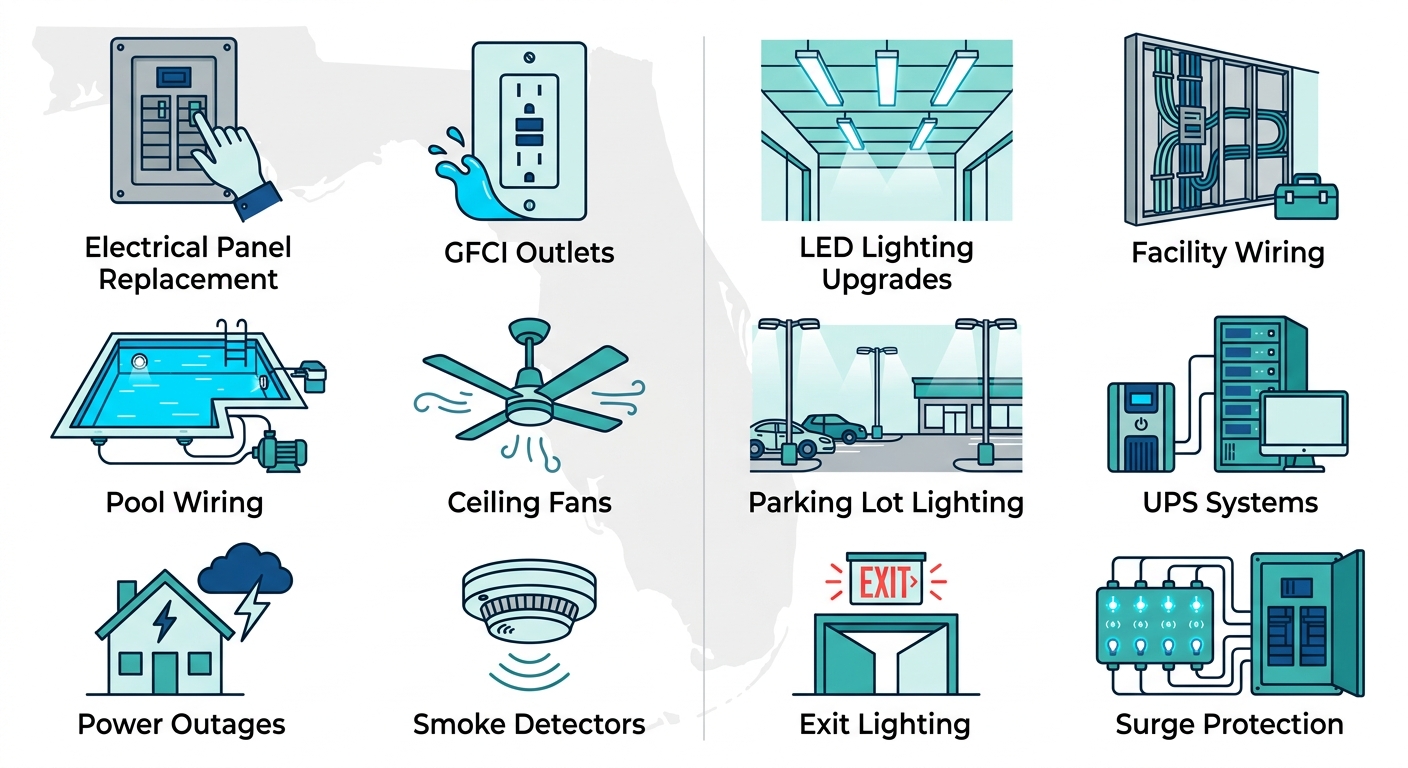Two-column infographic comparing icons for residential and commercial electrical services in Melbourne, Florida.