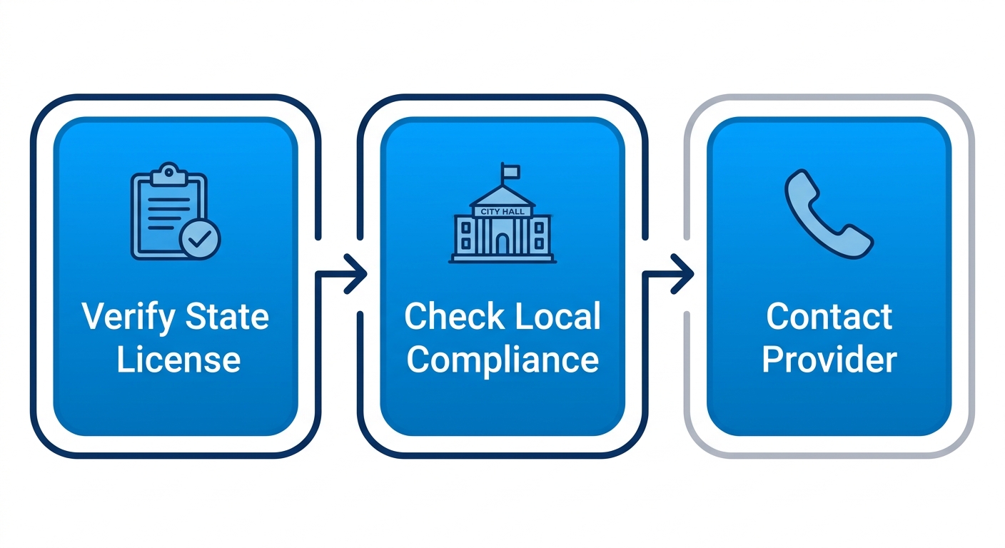 Horizontal process flow diagram with three stages: verify state license with clipboard icon, check local compliance with city hall icon, contact licensed provider with phone icon for electrical services in Melbourne Florida.