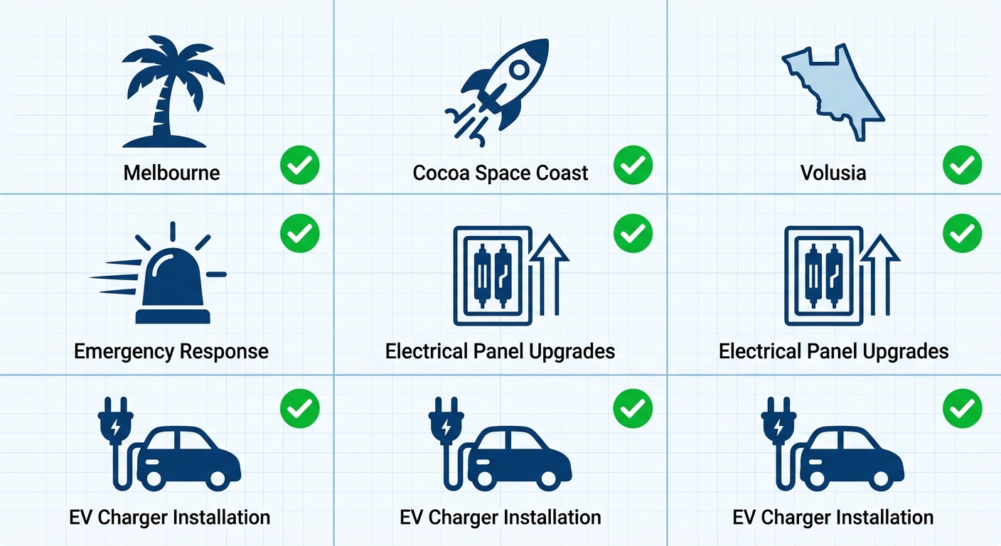 Infographic comparing electrical services availability in Melbourne Florida, Cocoa Space Coast, and Volusia County using icons and green checkmarks