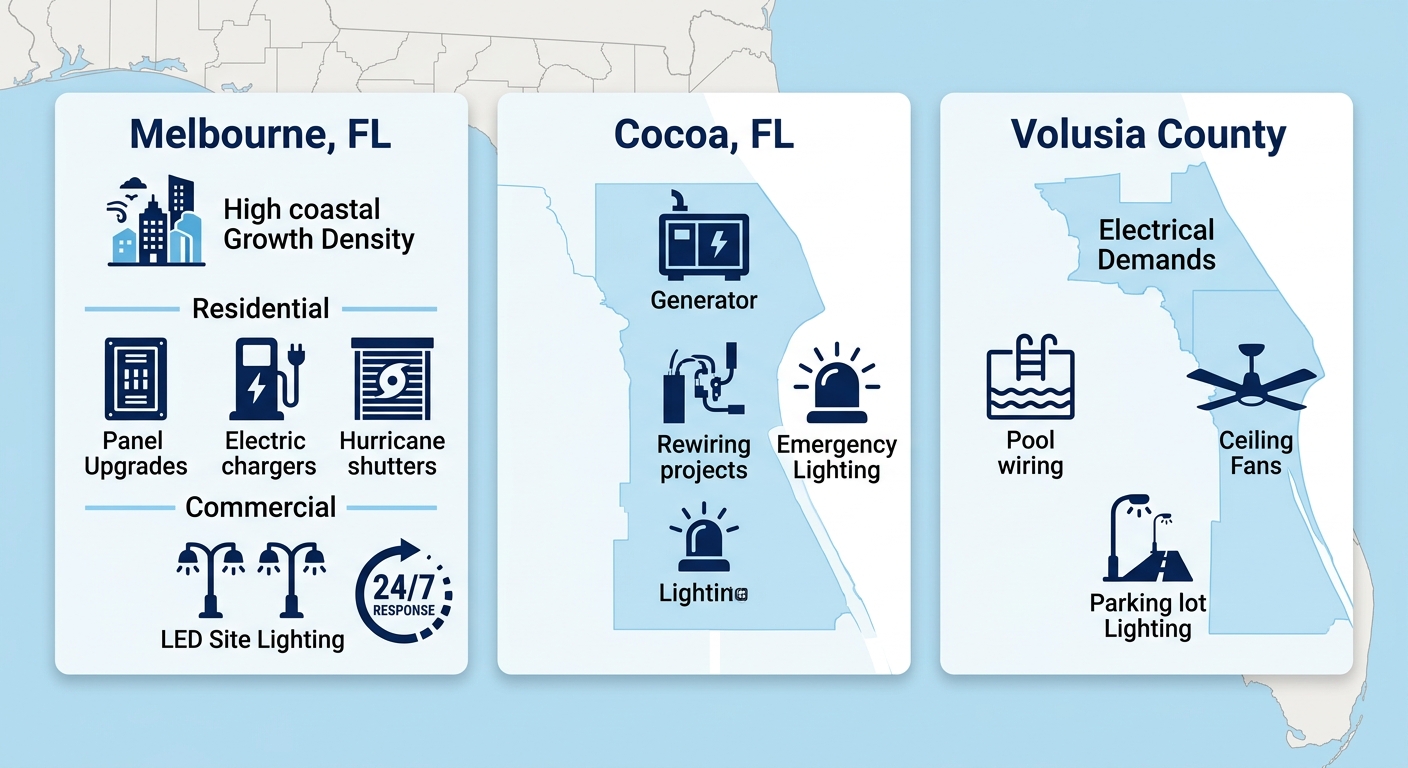 Infographic comparing electrical service demands in Melbourne, Cocoa, and Volusia County with icons for residential and commercial needs