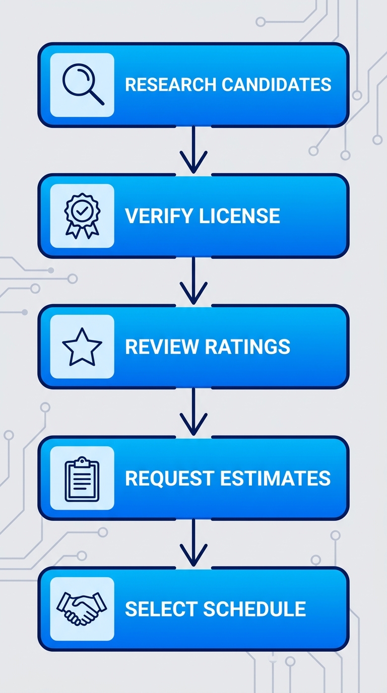 Vertical process flow diagram of 5 steps to hire an electrician in Melbourne, Florida with icons: research, verify license, review ratings, request estimates, select and schedule.