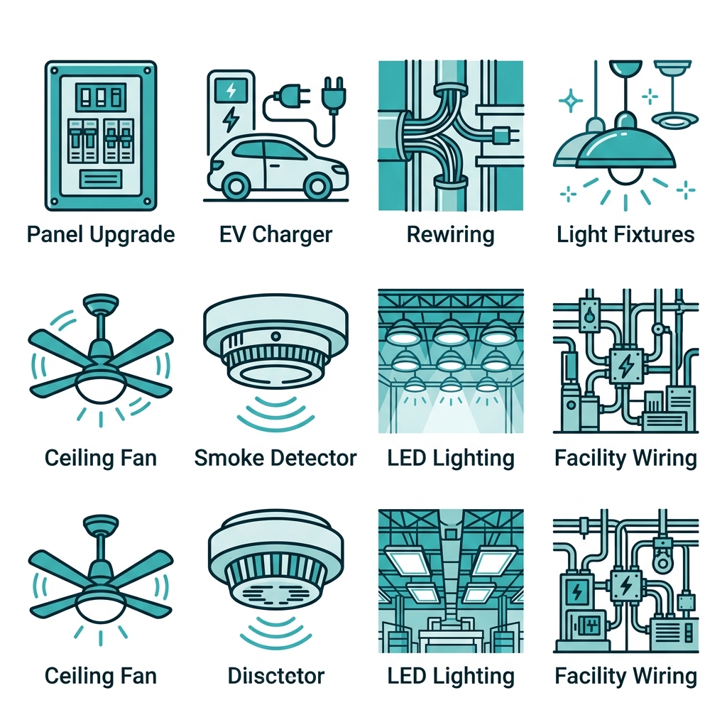 Grid of 8 outline teal icons representing Deltron Electric key services