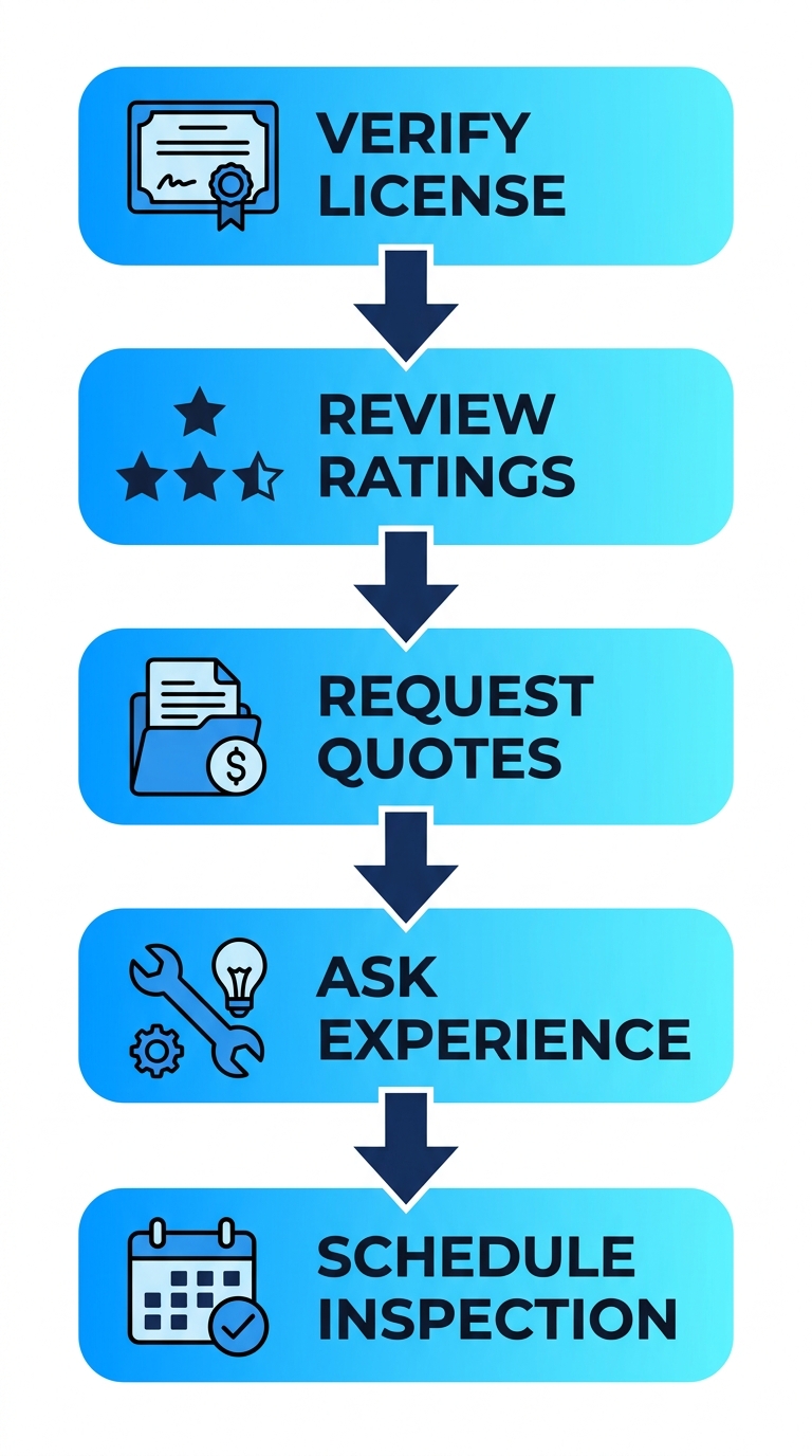 Vertical process flow diagram with five steps to hire a reliable electrician: verify license, review ratings, request quotes, ask experience, schedule inspection.