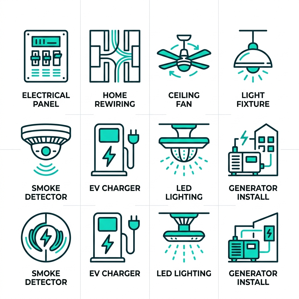 Square grid of 8 outline icons in teal depicting electrical panel, home rewiring, ceiling fan, light fixture, smoke detector, EV charger, LED lighting, and generator installation services for Melbourne.