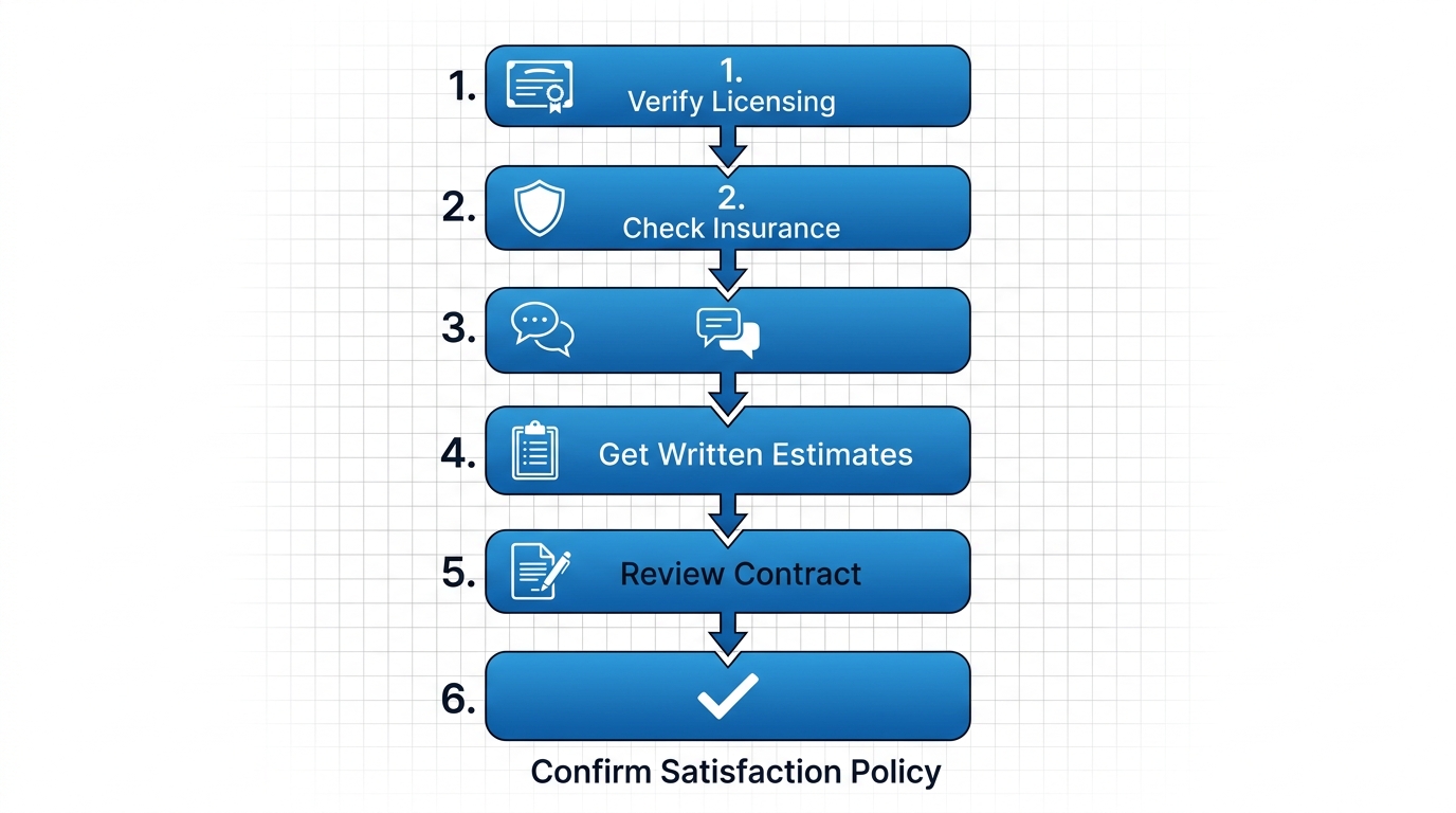 Six-step vertical process flow for hiring a reliable Melbourne electrician: verify licensing, check insurance, contact references, get estimates, review contract, confirm satisfaction policy.