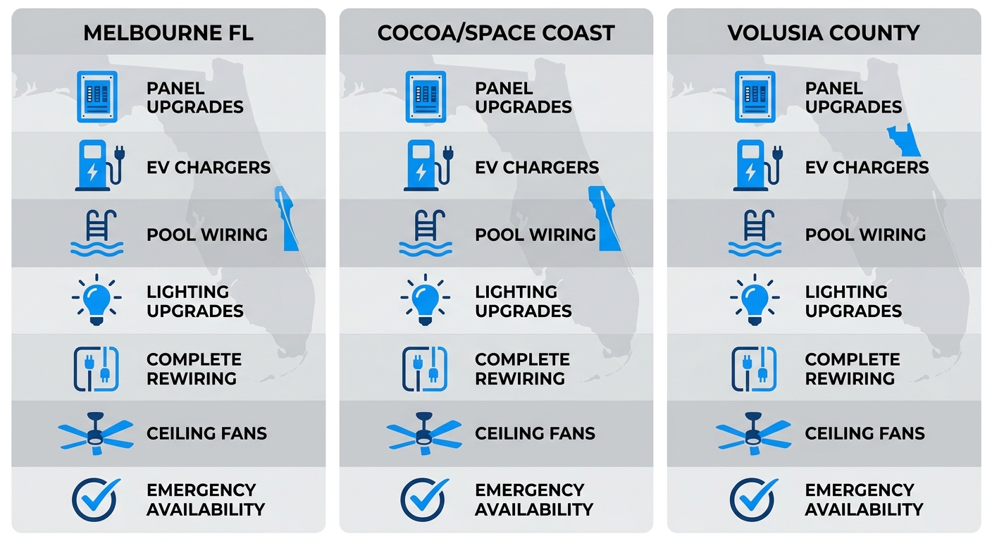Infographic comparing electrical service areas in Melbourne FL, Cocoa/Space Coast, and Volusia County with residential service icons and emergency checkmarks