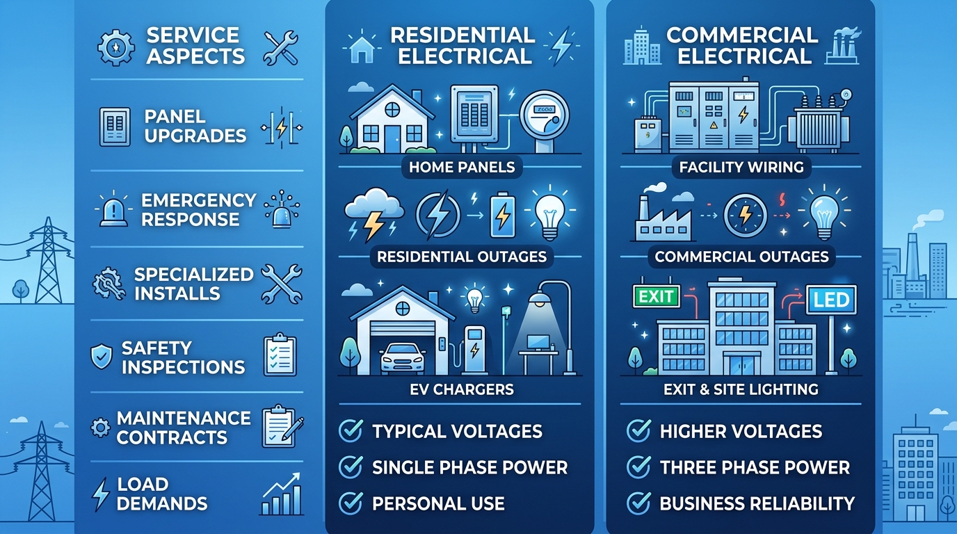 Infographic comparing Titusville residential and commercial electrical services in three columns with icons and checkmarks.