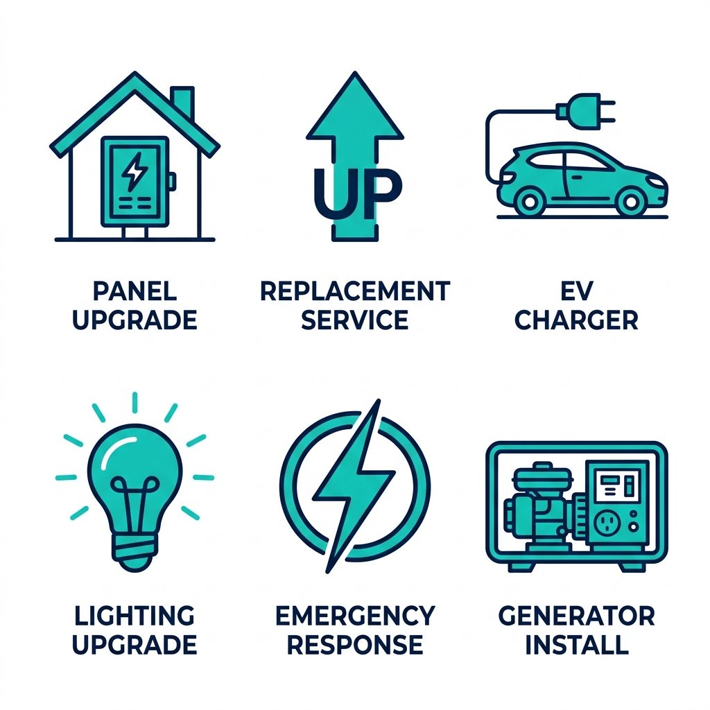 2x3 grid of flat outline icons depicting electrical panel upgrade, service replacement, EV charger, lighting upgrade, emergency response, and generator installation for Titusville services.