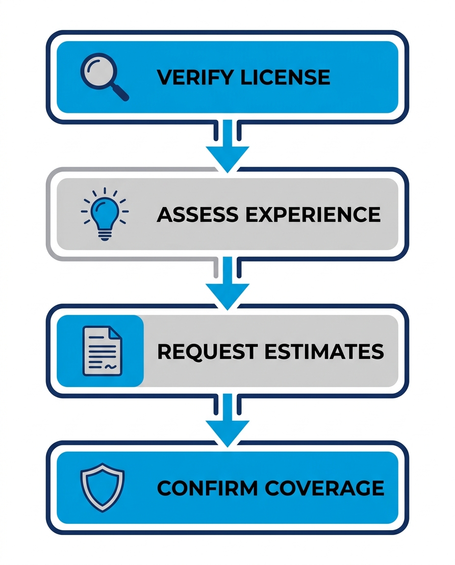 Vertical 4-step process flow for securing electrical services: verify license, assess experience, request estimates, confirm coverage with icons.