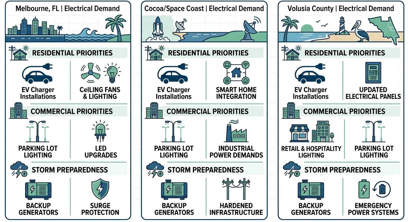 Infographic comparing electrical service priorities across Melbourne FL, Cocoa/Space Coast, and Volusia County with icons for residential, commercial, and storm needs.
