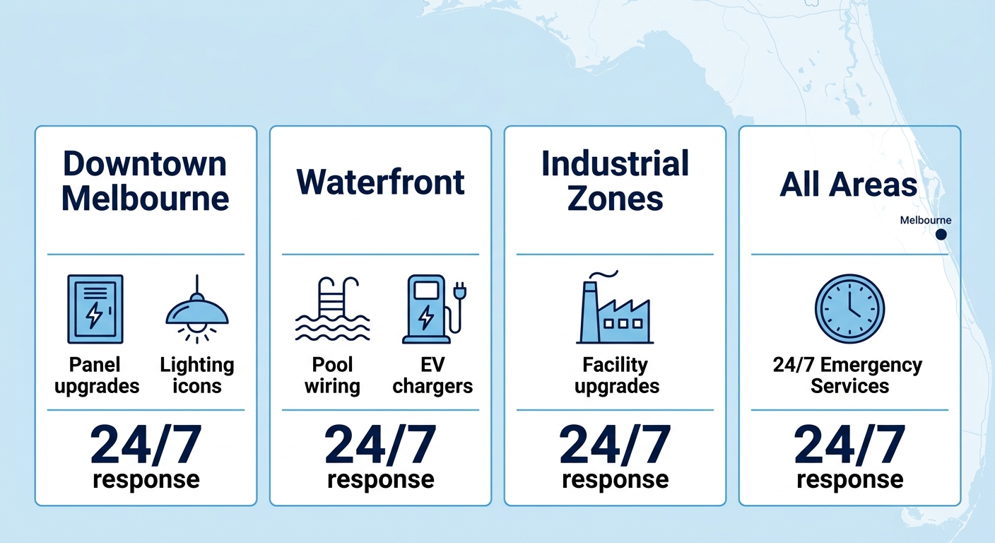 Infographic comparing residential, commercial electrical focuses and 24/7 availability across Melbourne neighborhoods: Downtown, Waterfront, Industrial Zones, All Areas.
