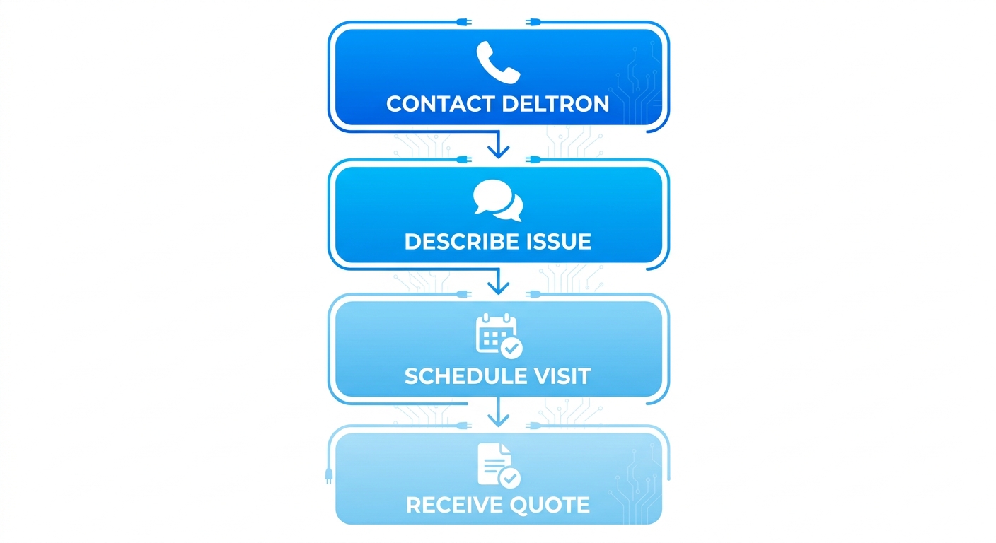 Vertical four-step process flow for starting electrical services with Deltron Electric: contact, describe issue, schedule visit, receive quote with icons and arrows