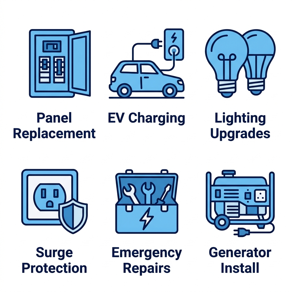 2x3 grid of flat outline icons for essential electrical services: panel replacement, EV charging station, lighting upgrades, surge protection, emergency repairs, generator installation with short labels below each.