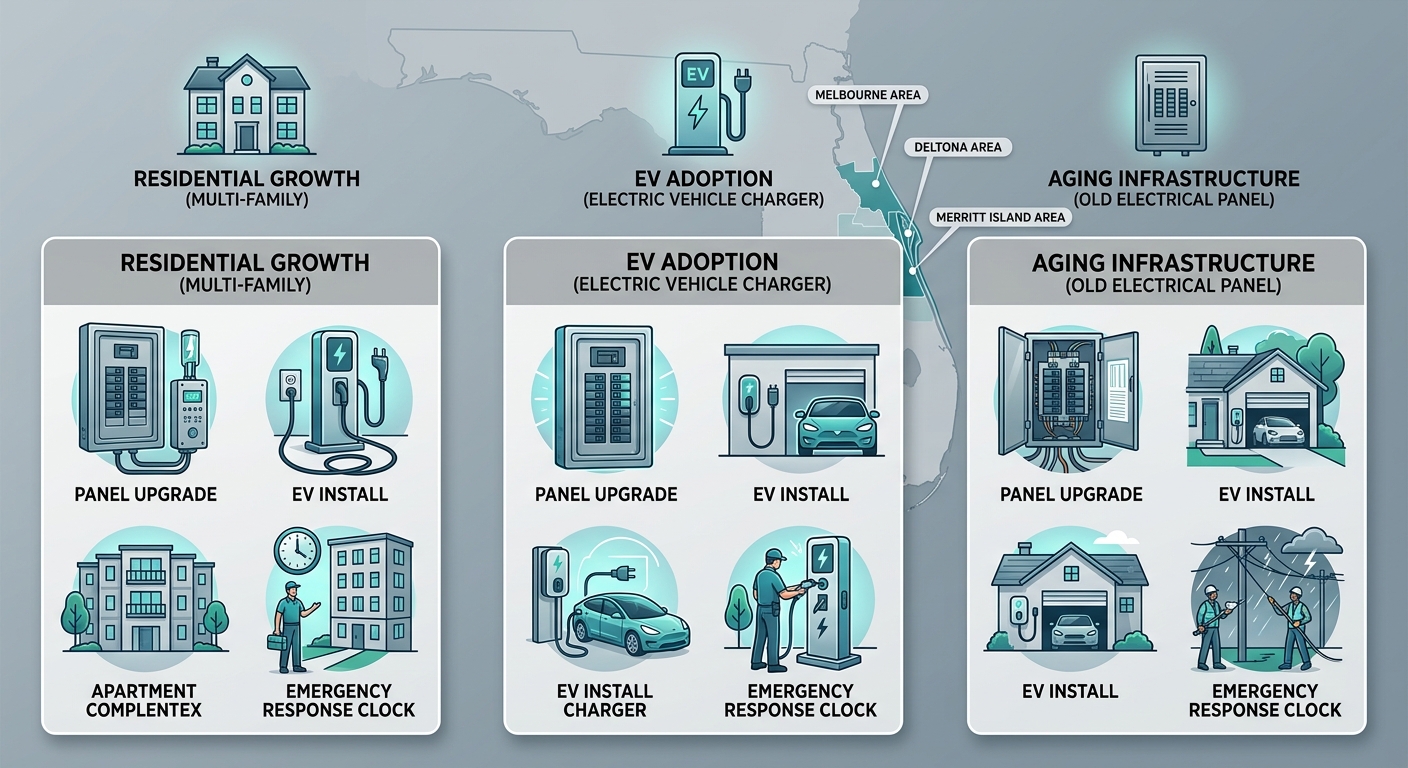 Infographic of electrical demands in Melbourne, Florida highlighting Melbourne, Deltona, Merritt Island with icons for residential growth, EV adoption, aging infrastructure, and services like panel upgrades, EV installs, emergency response.