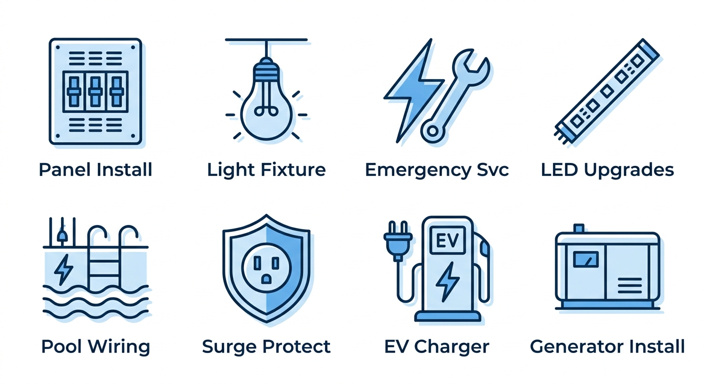 Square grid of 8 flat outline icons representing Deltron Electric services: electrical panels, lighting, emergencies, LED upgrades, pool wiring, surge protection, EV chargers, generators.