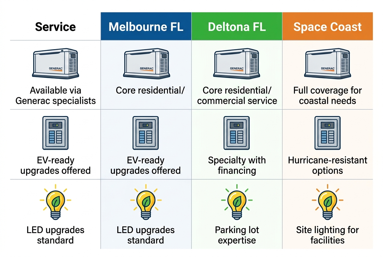 Infographic comparison table of electrical services including generator installation, panel replacement, and commercial lighting across Melbourne FL, Deltona FL, and Space Coast regions.