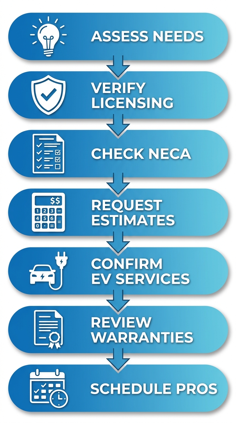Vertical process flow diagram of 7 steps to hire a reliable electrician in Melbourne, Florida with icons and minimal labels