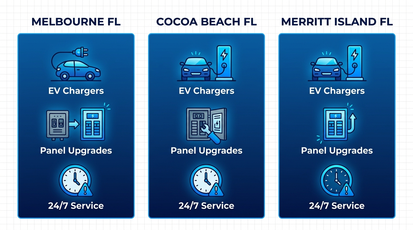 Infographic comparing electrical services in Melbourne, Cocoa Beach, and Merritt Island Florida, featuring EV chargers, panels, lighting, and 24/7 emergency icons.