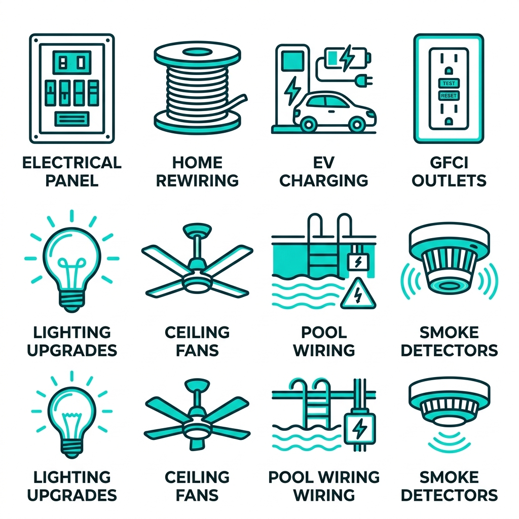 Grid of 8 outline icons for key electrical services including panels, rewiring, EV chargers, outlets, lighting, fans, pool wiring, and smoke detectors