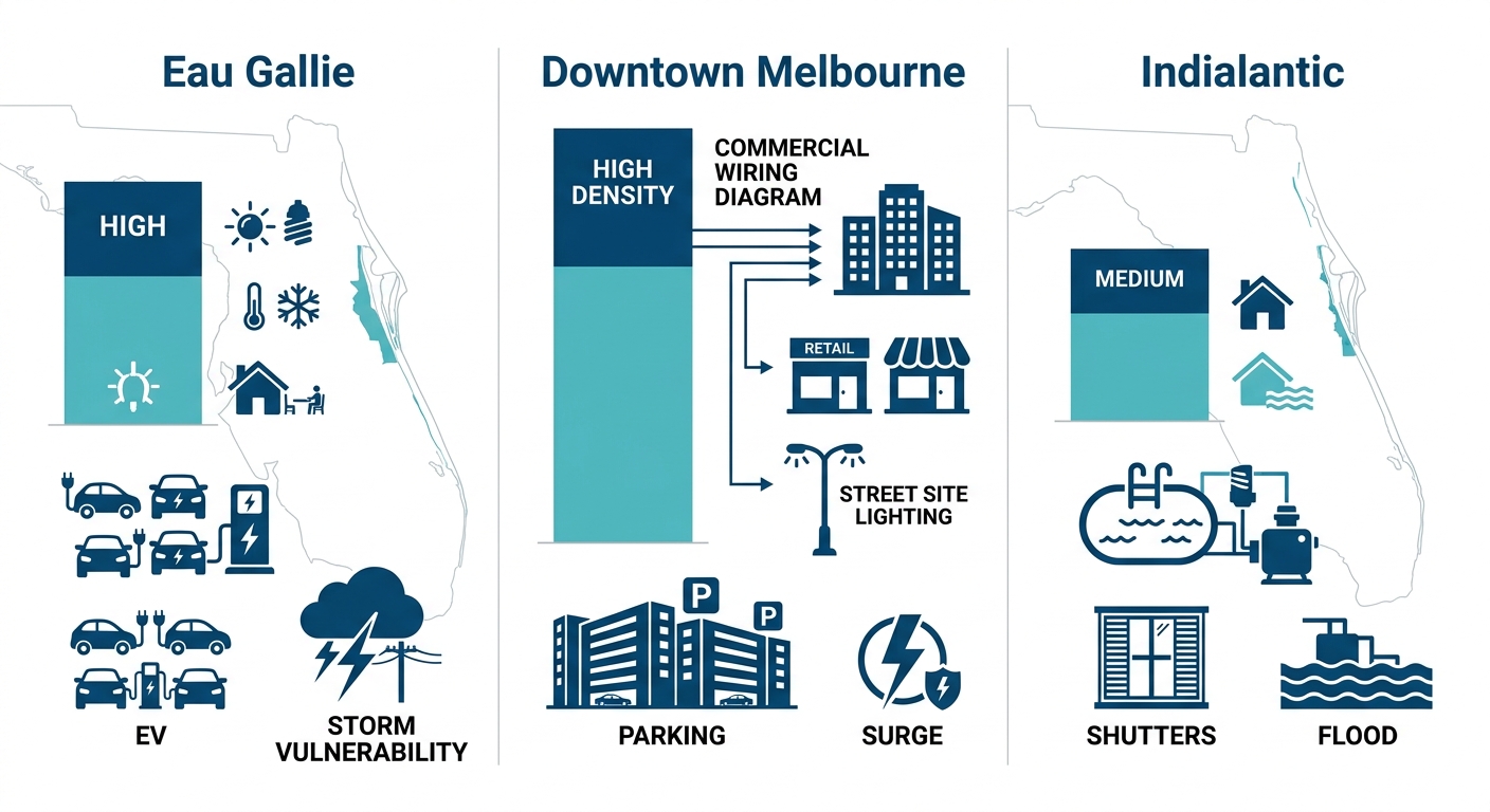Infographic comparing electrical service needs density levels icons and emergencies in Eau Gallie Downtown Melbourne and Indialantic neighborhoods