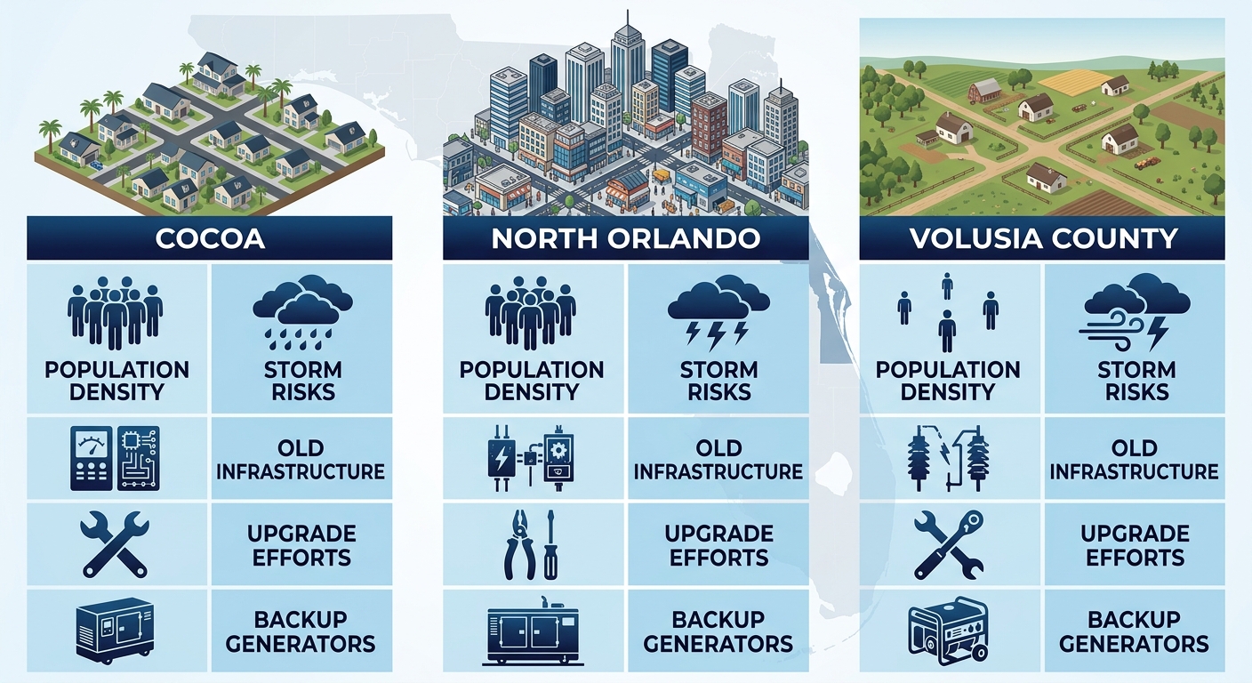 Infographic visually comparing electrical infrastructure needs and population densities in Cocoa, North Orlando, and Volusia County with icons for common issues and services.