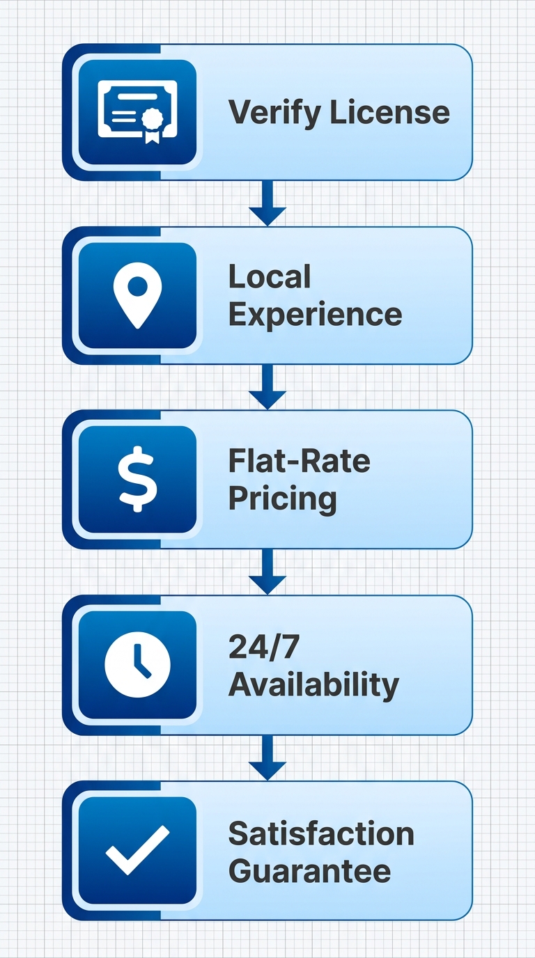 Vertical process flow diagram illustrating five key steps to hiring a reliable electrician in Cocoa with icons and minimal labels.