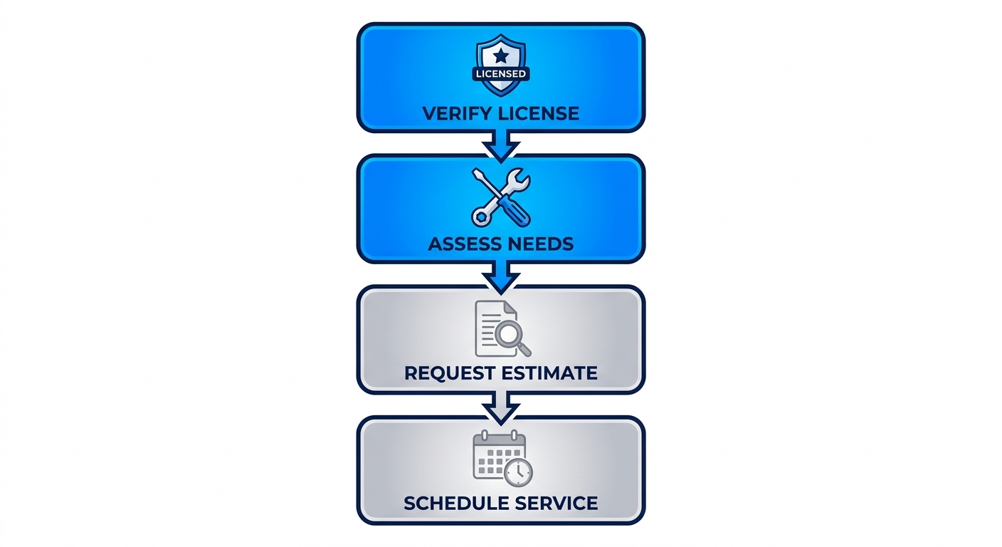 Vertical process flow diagram illustrating four steps for hiring a reliable electrician: verify license, assess needs, request estimate, schedule service.
