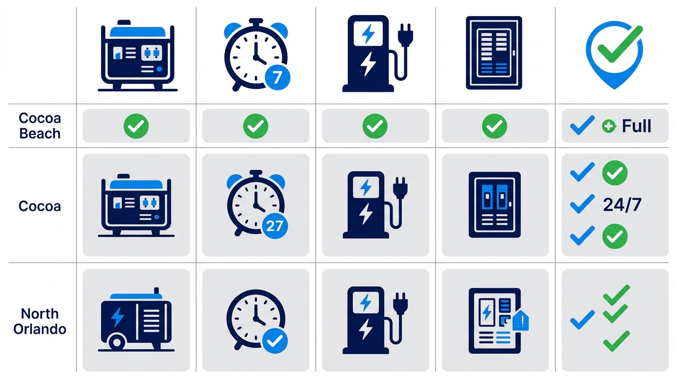 Infographic comparison table of electrical service availability in Cocoa Beach vs Cocoa and North Orlando using icons and checkmarks for generators, emergency, EV chargers, panel upgrades