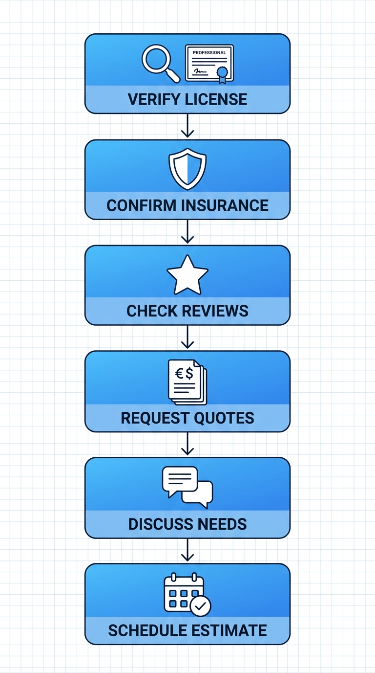 Vertical process flow diagram of 6 steps for hiring an electrician in Titusville: verify license with search icon, confirm insurance with shield, check reviews with star, request quotes with document, discuss needs with chat, schedule estimate with calendar.