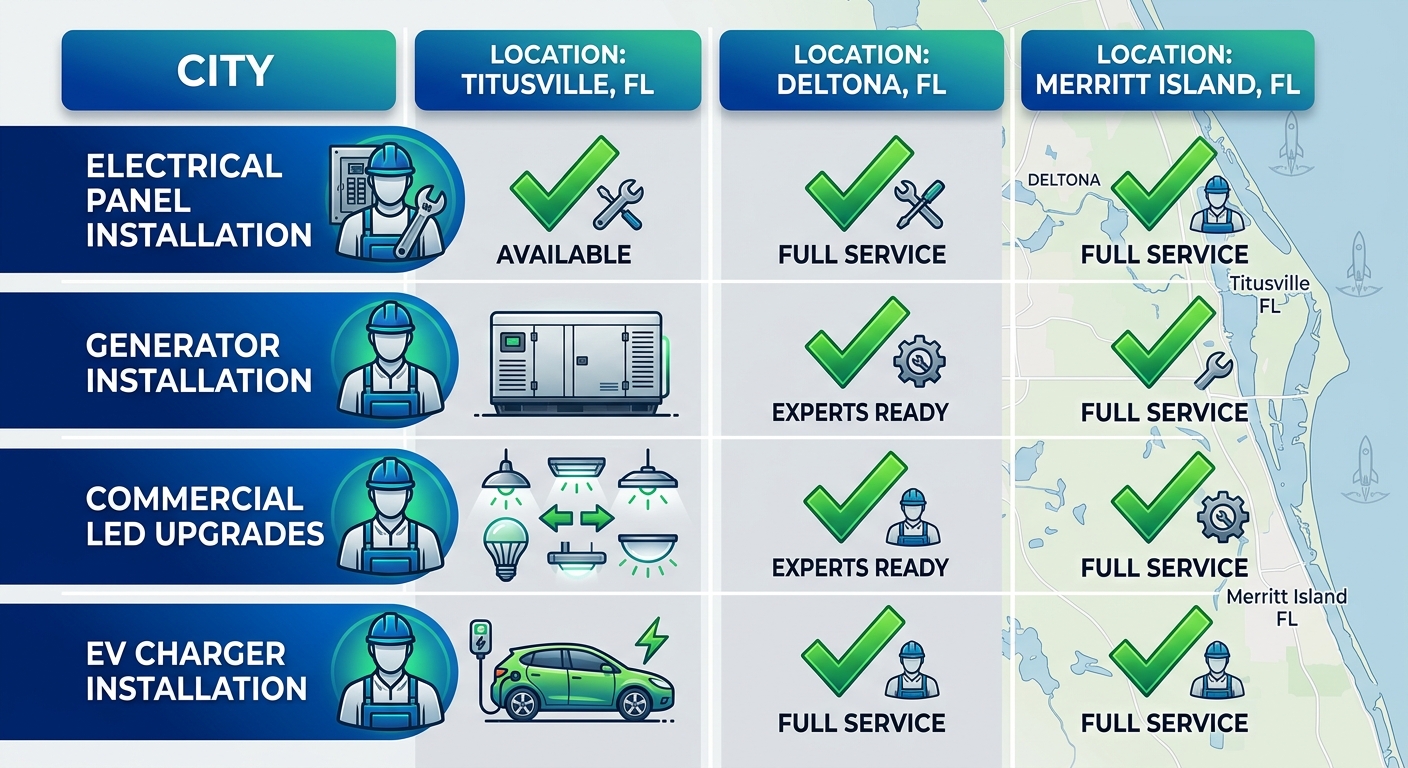 Infographic comparing availability of electrical services like panel installation, generators, LED upgrades, EV chargers across Titusville, Deltona, and Merritt Island, Florida.