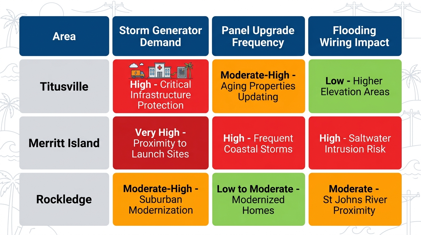 Color-coded infographic table comparing electrical demands in Titusville, Merritt Island, and Rockledge areas for storm generators, panel upgrades, and flooding wiring impacts.