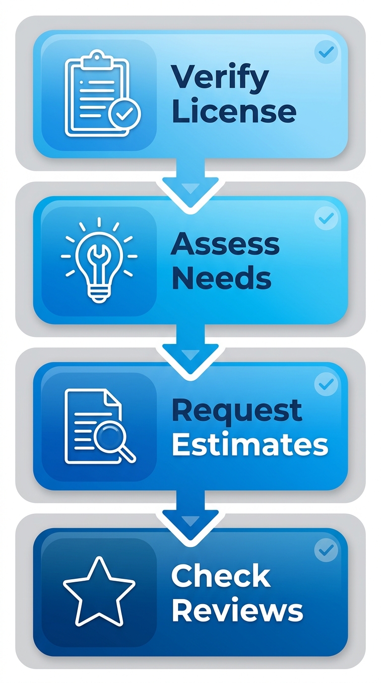 Vertical 4-step process flow for hiring an electrician in Titusville: verify Florida license, assess needs, request estimates, check reviews.