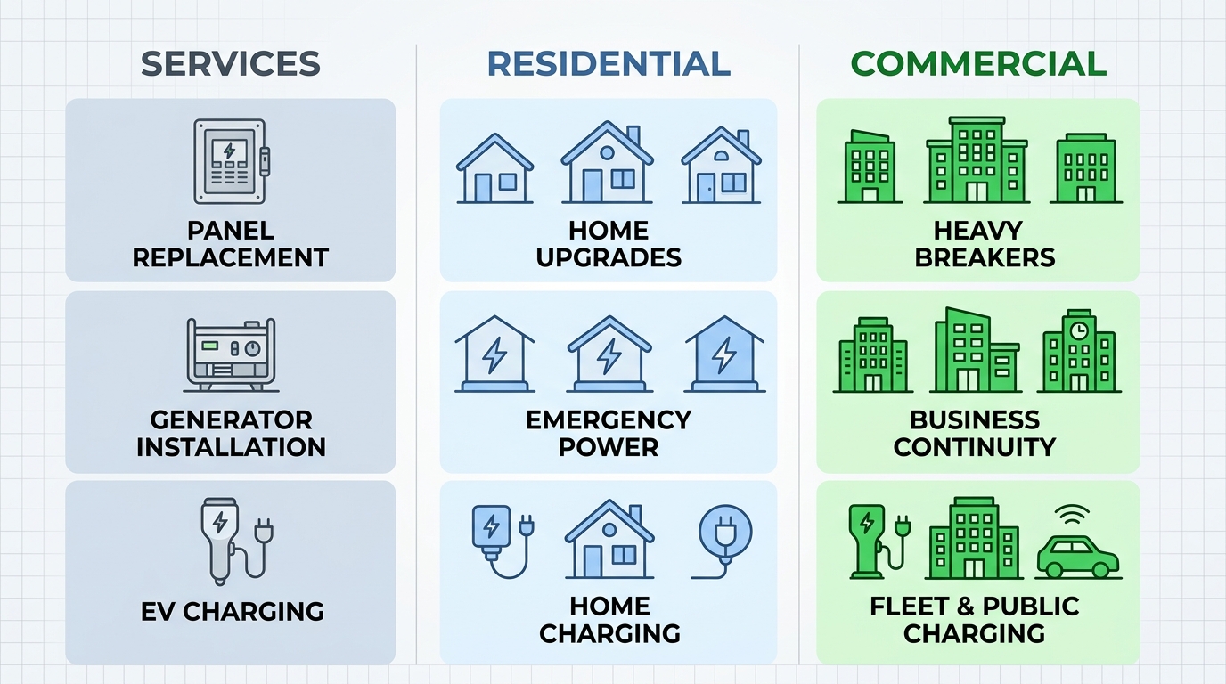 Infographic comparing residential and commercial electrical services in Brevard County