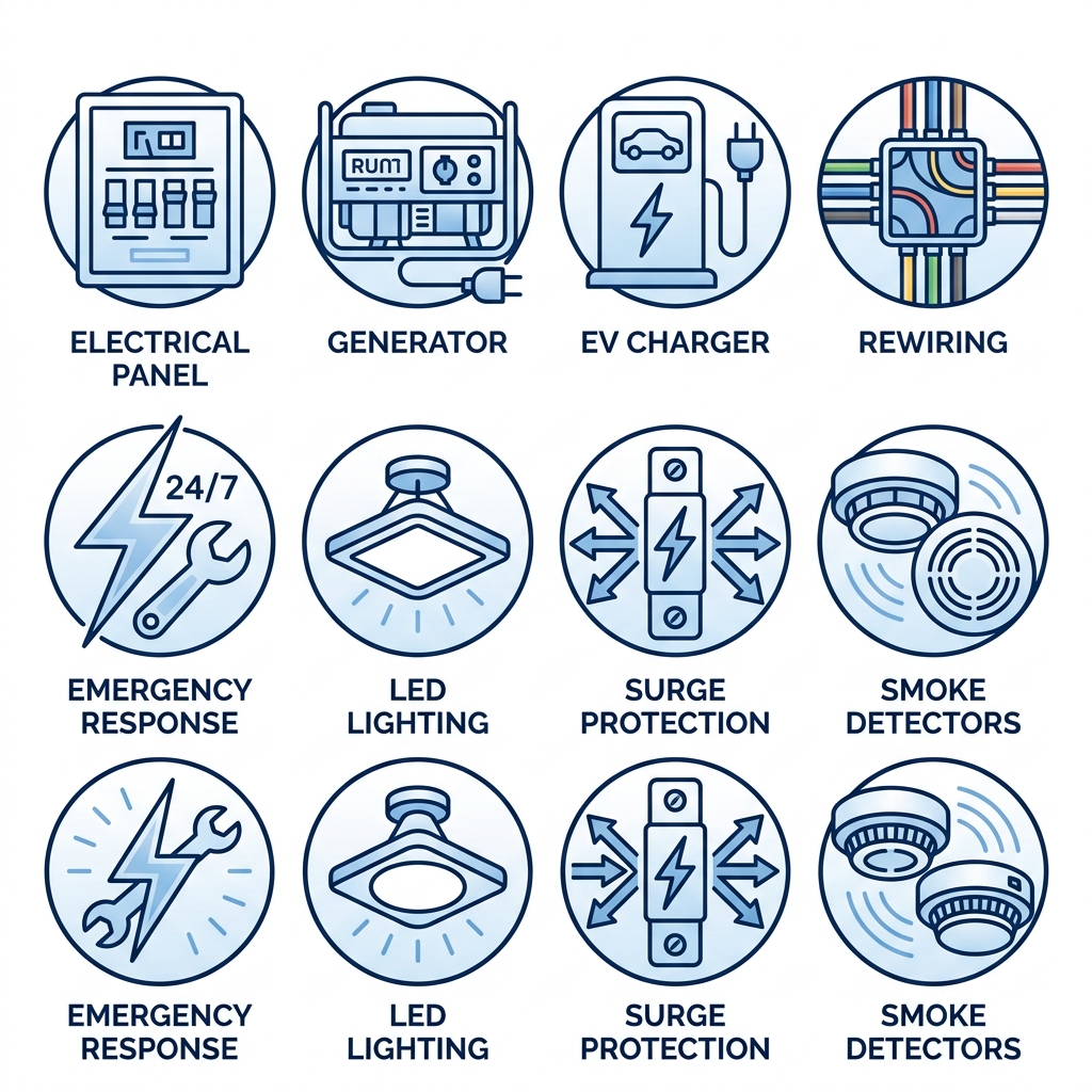 Grid of 8 modern outline icons depicting Brevard County electrician services