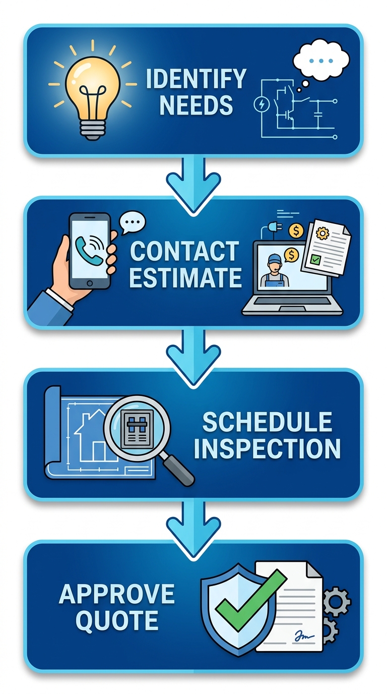 Vertical process flow diagram with 4 stages: identify needs lightbulb icon, contact for free estimate phone icon, schedule site inspection house magnifier icon, approve quote checkmark shield icon, connected by downward arrows.