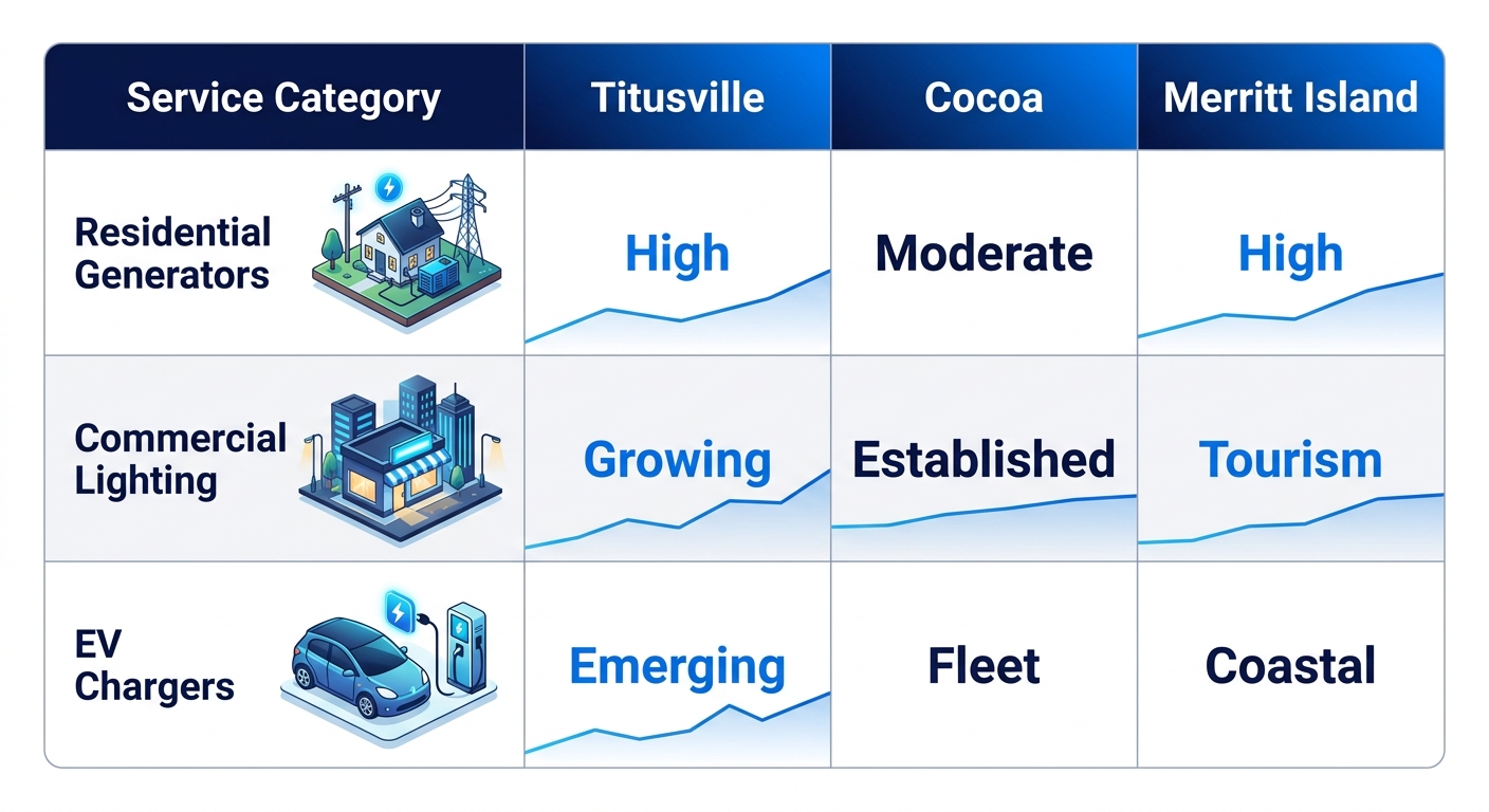 Infographic table comparing electrical service demands in Titusville, Cocoa, and Merritt Island with icons and demand levels.