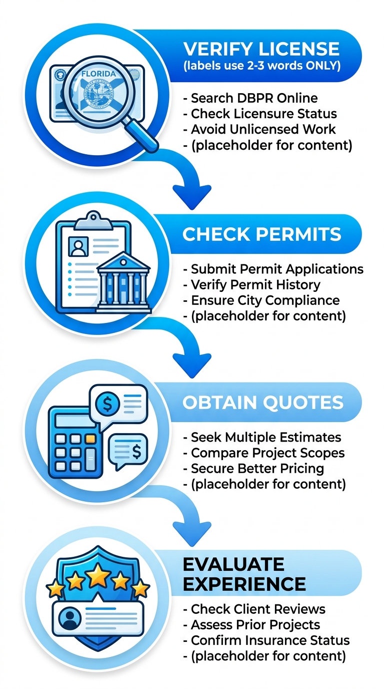 Vertical process flow diagram with four steps to hire an electrician in Palm Bay: verify license, check permits, obtain quotes, evaluate experience and insurance