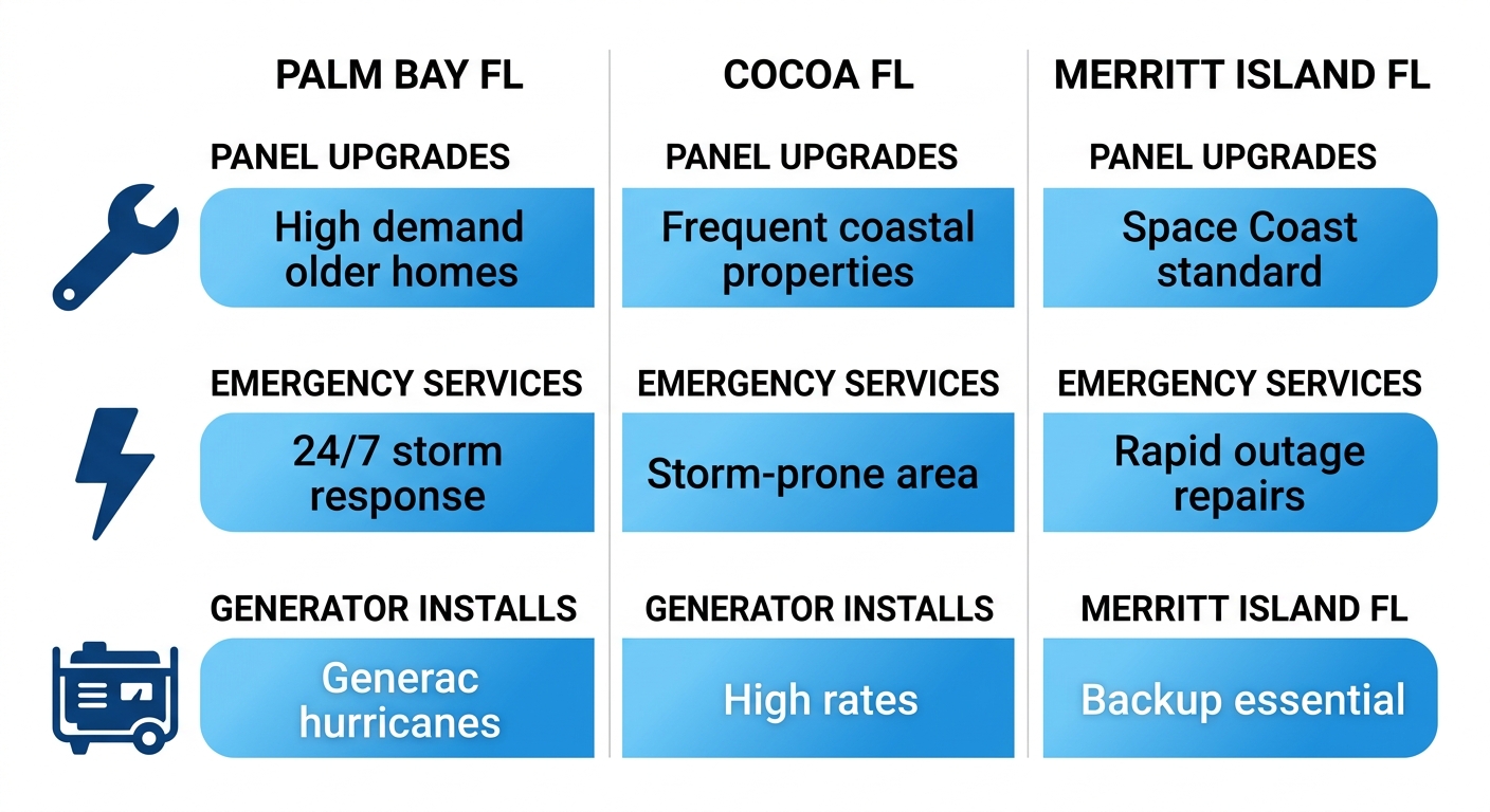 Infographic comparing electrical panel upgrades, emergency services, and generator installations across Palm Bay, Cocoa, and Merritt Island Florida with icons and brief notes.
