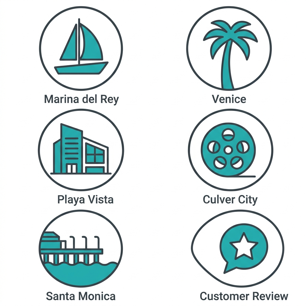 Set of six location icons and a customer review badge representing service areas of Marina del Rey Top Electricians