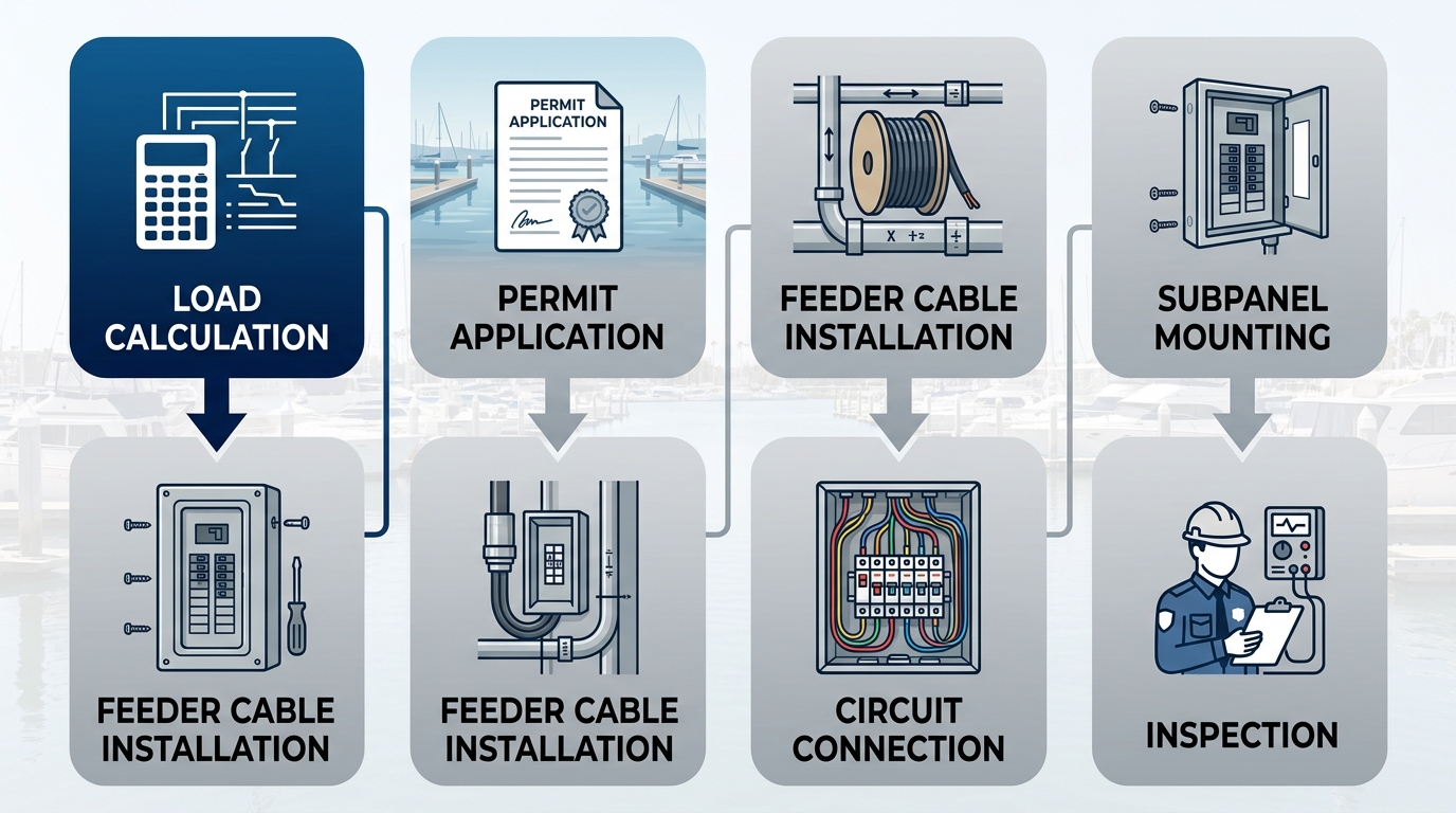 Six-stage vertical process flow diagram of subpanel installation in Marina del Rey showing stages from Load Calculation to Inspection.