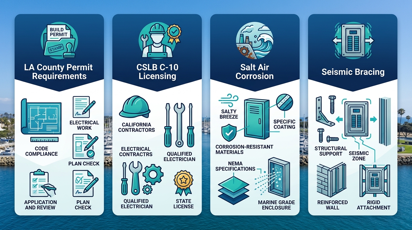Infographic showing four location-specific factors for subpanel installation in Marina del Rey: permit requirements, licensing, corrosion, and seismic bracing.