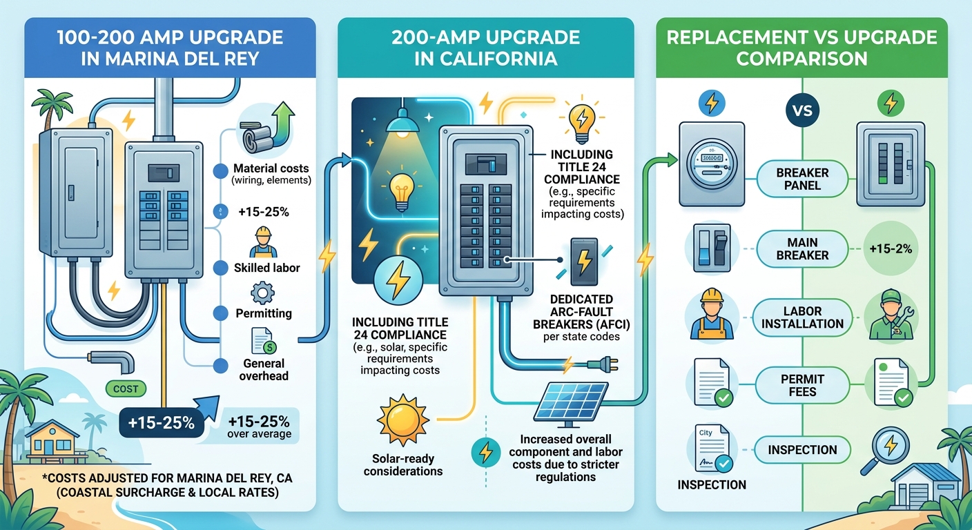 Cost breakdown infographic for electrical panel upgrades showing three panels for 100-200 amp upgrade, 200-amp upgrade with California factors, and replacement versus upgrade comparison.